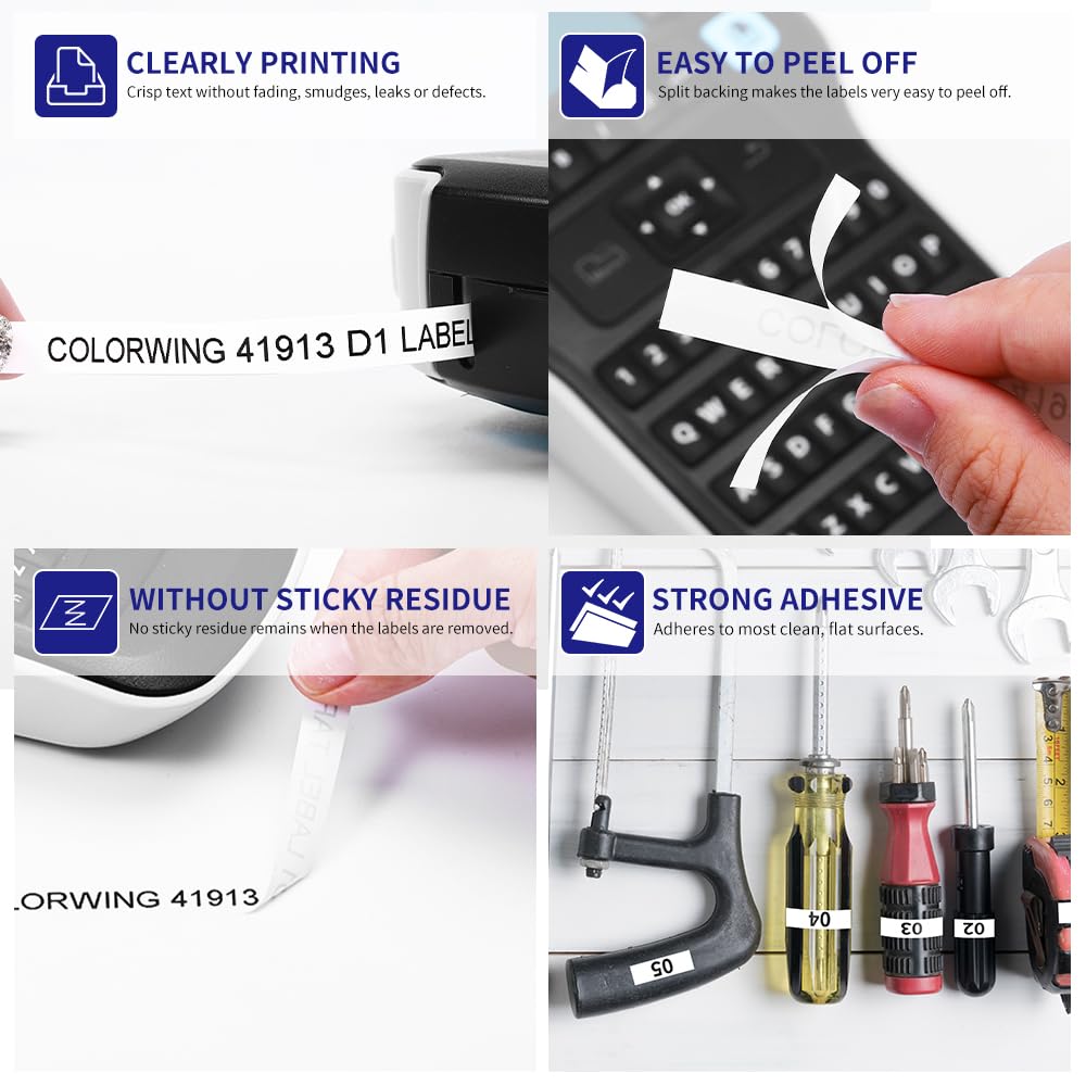 6-Pack Compatible with Dymo 41913 (40913) 3/8 Inch D1 Label Tape Black on White 9mm Refills S0720680 for DYMO LabelManager 160 280 360D Label Maker COLORPOP
