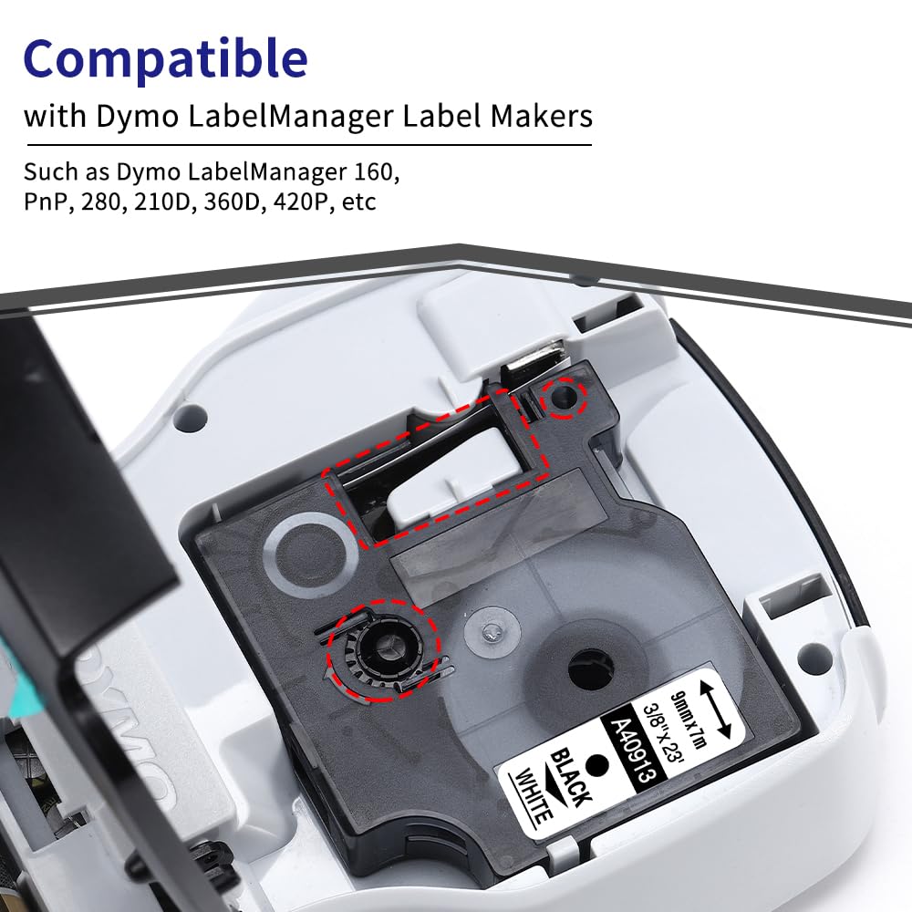 6-Pack Compatible with Dymo 41913 (40913) 3/8 Inch D1 Label Tape Black on White 9mm Refills S0720680 for DYMO LabelManager 160 280 360D Label Maker COLORPOP