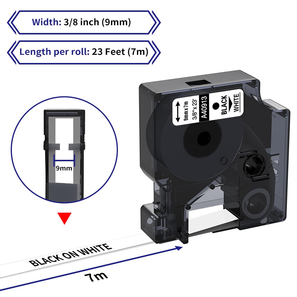 6-Pack Compatible with Dymo 41913 (40913) 3/8 Inch D1 Label Tape Black on White 9mm Refills S0720680 for DYMO LabelManager 160 280 360D Label Maker COLORPOP