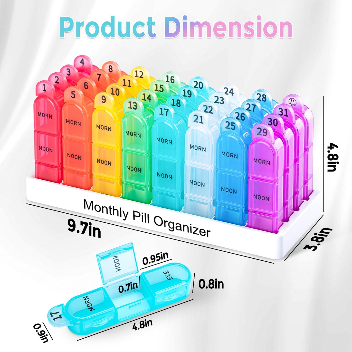 Colorwing Monthly Pill Organizer 3 Times a Day, 30 Day Medicine Organizer Dispenser with 32 Compartments, One Month Pill Box Case for Daily 31 Day Pill Container to Hold Vitamins, Supplements