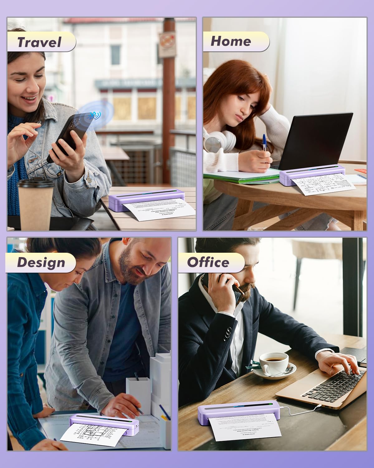 COLORWING M832 Portable Printers Wireless for Travel, 300DPI Mini Compact Inkless Printer, Thermal Bluetooth Printer Compatible with Android and iOS Smartphone & Tablet & Laptop - Purple