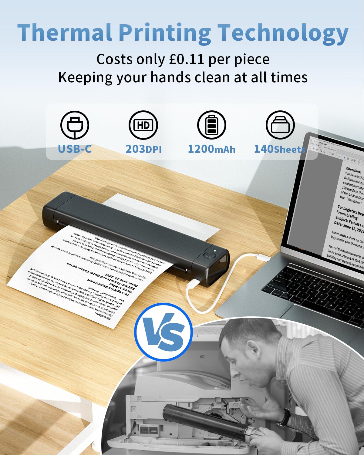 COLORWING Imprimante Portable A4 Imprimante Bluetooth Thermique Mini Imprimante sans Encre Compatible avec Android et iOS et Ordinateur Prise en Charge de A4 Papier Thermique - Noir