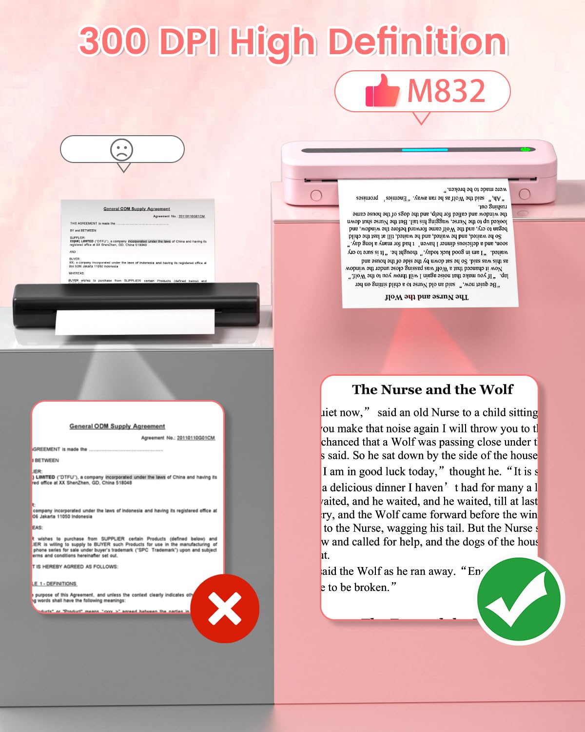 COLORWING M832 Portable Thermal Printer - Wireless Inkless Printer for Travel - A4 Bluetooth Printer Compatible with Laptops & Smartphone - Mobile Printer for Home, Invoice - Pink