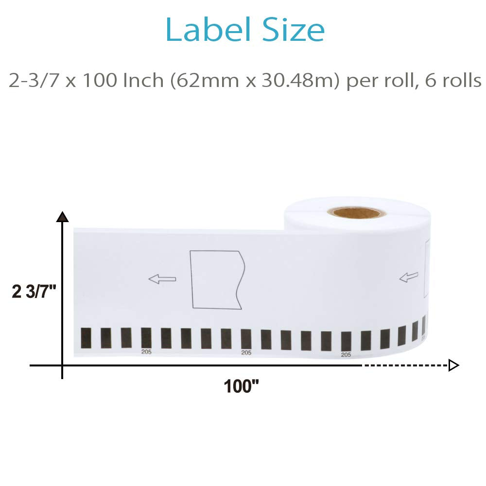 COLORWING Compatible Brother DK-2205 Continuous Paper Label Rolls 2-3/7'' x 100'(62mm x 30.48m) Use with Brother QL Label Printer QL-500 QL-570 QL-700W QL-800 QL-810W, 6 Rolls+1 Frame