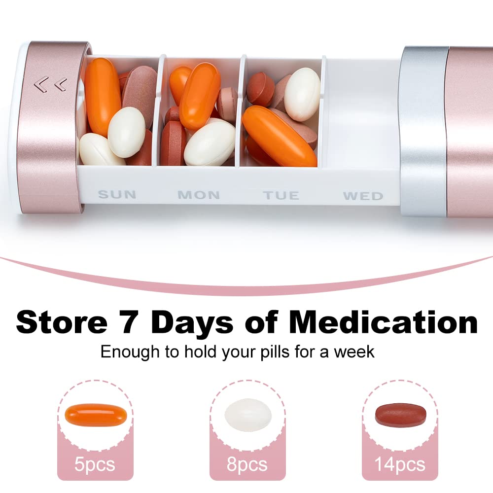 Weekly Pill Organizer 7 Day, Pretty Pill Box for Travel, The Office, The Gym, Portable Cute Small Pill Case to Hold Daily Vitamin, Medication and Supplement (Pink)