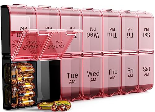 AM PM Extra Large Pill Organizer, XL 7 Day Pill Organizer 2 Times a Day, Jumbo Weekly Pill Case, Day Night Oversized Medicine Box, Vitamin Holder, Big Pill Container (Pink)