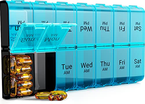 7 Day Extra Large Pill Organizer 2 Times a Day, Weekly Pill Box Twice a Day, XL AM PM Pill Case, Oversized Daily Medicine Organizer for Vitamin, Big Pill Container, Medication Dispenser (Cyan)