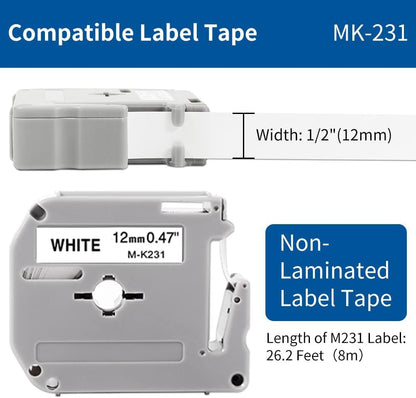 M-K231 Compatible with Brother P-Touch M Tape PT-M95 MK231 M231 12mm 0.47Inch label Maker Tape for Brother PTM95 PT-70 PT-90 PT-65 PT85, Black on White, 1/2'' x 26.2', 4-Pack