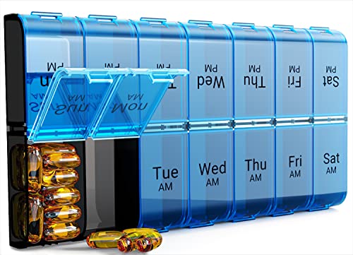 Extra Large Pill Organizer 2 Times a Day, Weekly XL AM PM Pill Case, 7 Day Pill Box Twice a Day, Oversized Daily Medicine Organizer for Vitamins, Big Pill Container, Medication Dispenser (Blue)