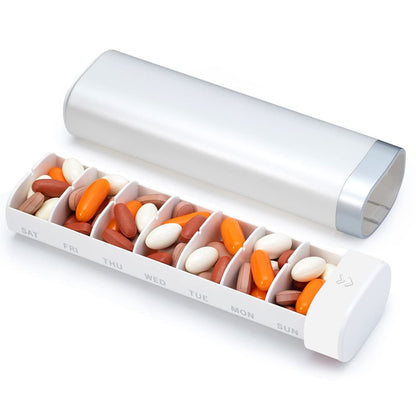 Weekly Pill Organizer 7 Day, Pretty Pill Box for Travel, The Office, The Gym, Portable Cute Small Pill Case to Hold Daily Vitamin, Medication and Supplement (White)