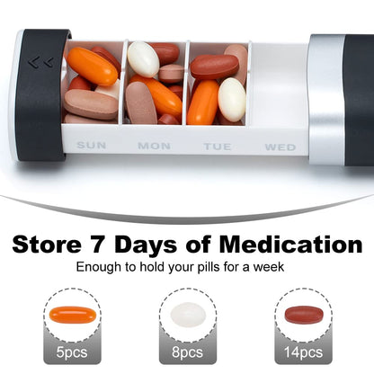 Weekly Pill Organizer 7 Day, Pretty Pill Box for Travel, The Office, The Gym, Portable Cute Small Pill Case to Hold Daily Vitamin, Medication and Supplement (Black)