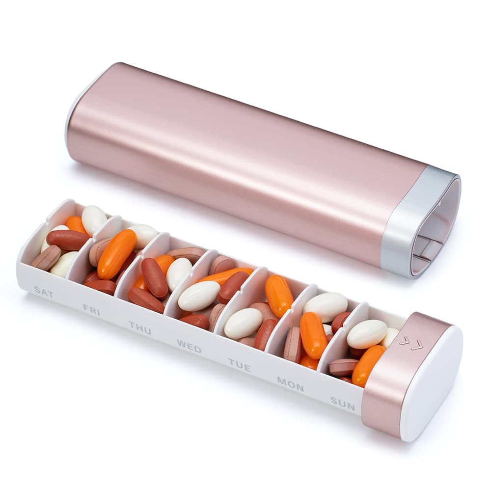 Weekly Pill Organizer 7 Day, Pretty Pill Box for Travel, The Office, The Gym, Portable Cute Small Pill Case to Hold Daily Vitamin, Medication and Supplement (Pink)