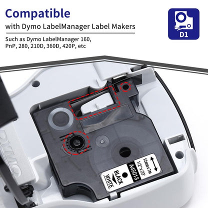 Compatible Dymo D1 Label Tape 45013 Replace for DYMO Label Maker Refills d1 A45013, Black on White, 1/2 Inch x 23 Ft for Dymo LabelManager 160 420P 210D 280 360D PnP Label Maker, 3-Pack