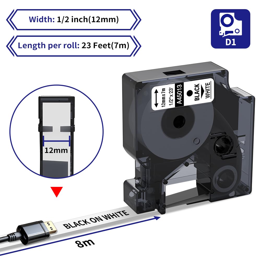 Replace for Dymo D1 Label Tape 45013 Label Maker Refills d1 a45013, Black on White, 1/2Inch x 23Ft for Dymo LabelManager 160 420P 210D 280 360D PnP Label Maker, 3-Pack