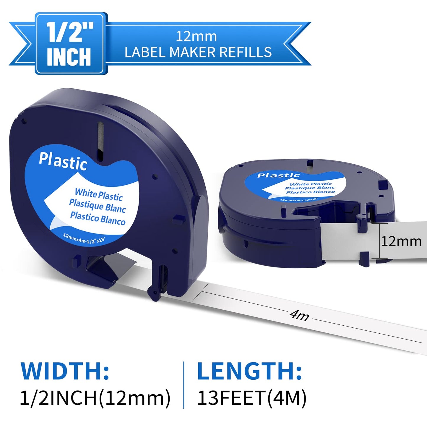 Compatible Dymo Letratag Label Maker Refills for Dymo 200B Plus LT100H LT100T QX50 Plastic Label Tape 91331 91332 91333 91334 91335,12mm x 4m(1/2'' x 13')