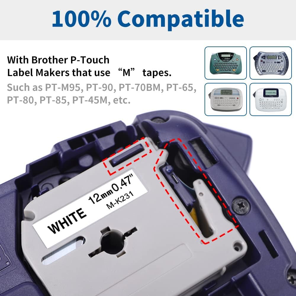 M-K231 Compatible with Brother P-Touch M Tape PT-M95 MK231 M231 12mm 0.47Inch label Maker Tape for Brother PTM95 PT-70 PT-90 PT-65 PT85, Black on White, 1/2'' x 26.2', 4-Pack