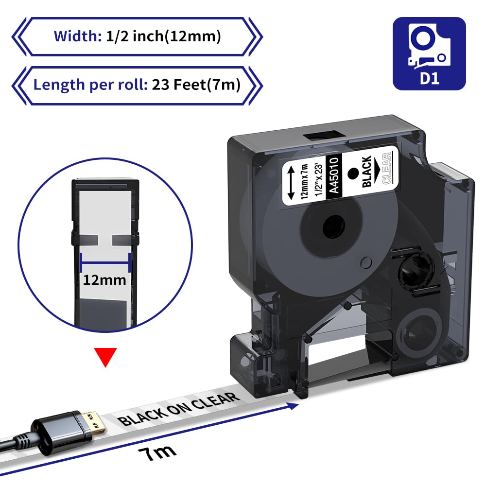 Compatible DYMO D1 Black on Clear Label Tape Replace for DYMO 45010 Label Maker Refills 1/2 Inch S0720500, 12mm x 7m for Dymo LabelManager 160 210D 280 360D, 3-Pack