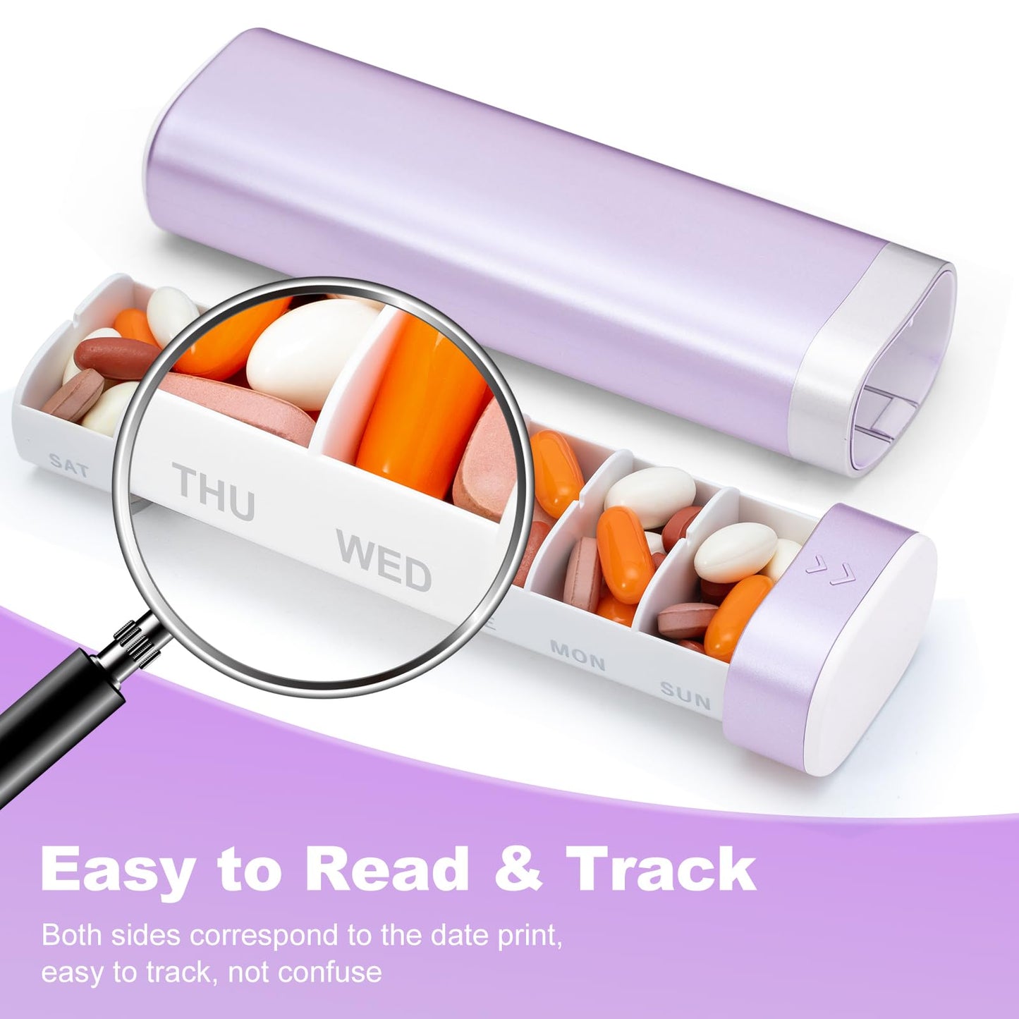 COLORWING Travel Weekly Pill Organizer, Colorwing Stylish Pretty Pill Box 7 Day, Cute Daily Pill Case Holder to Medication, Supplements, Tablets, Great for Office, Trip, Gym (Purple)