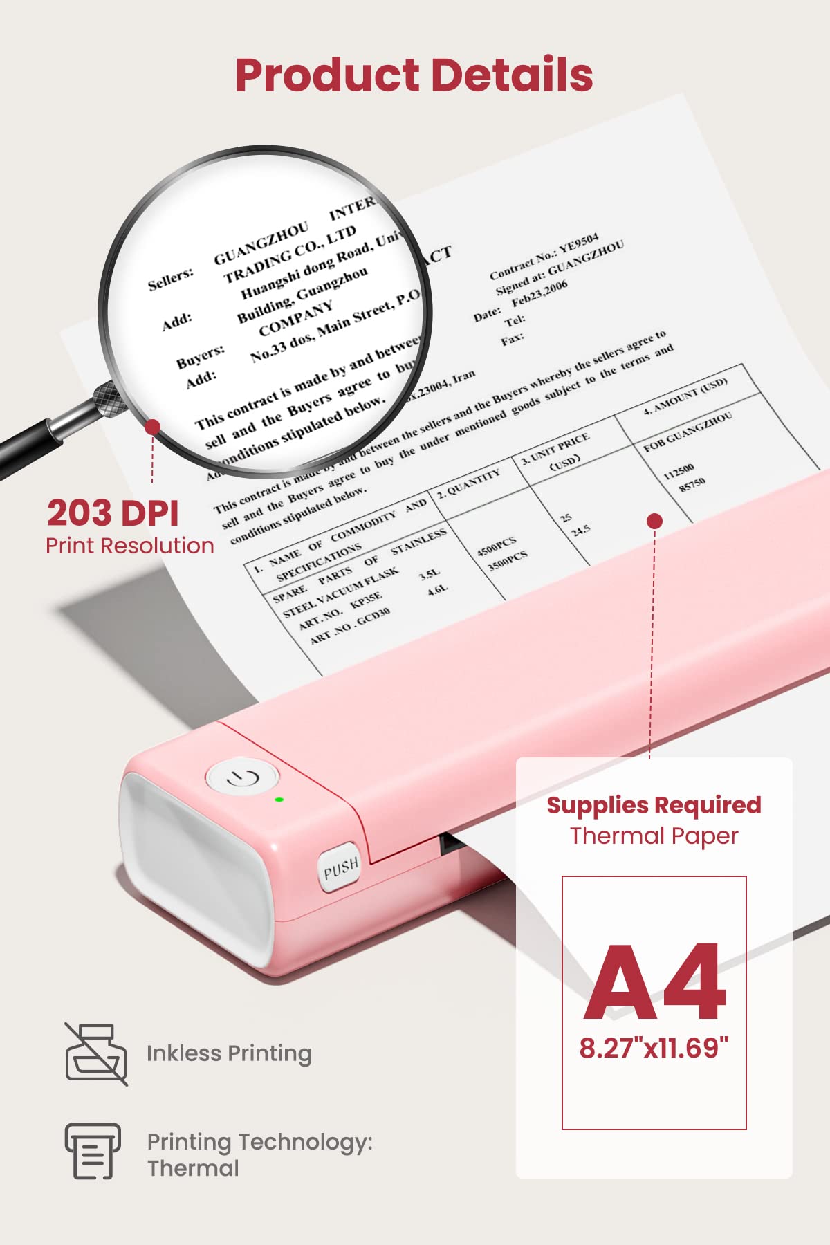 COLORWING Imprimante Portable A4 - Imprimante Bluetooth Thermique Mini Imprimante sans Encre Compatible avec Android et iOS et Ordinateur Prise en Charge de A4 Papier Thermique - Rose