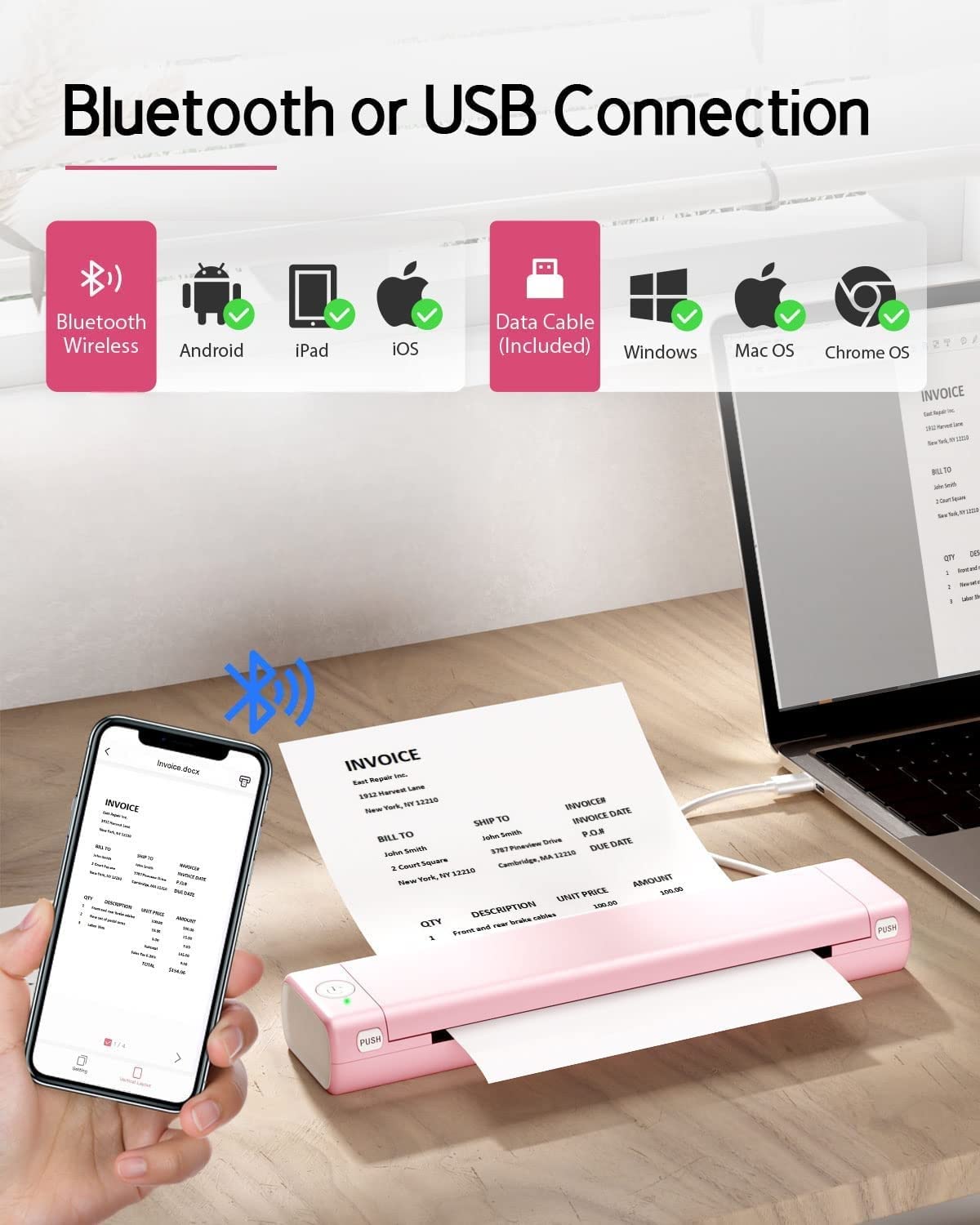 COLORWING Imprimante Portable A4 - Imprimante Bluetooth Thermique Mini Imprimante sans Encre Compatible avec Android et iOS et Ordinateur Prise en Charge de A4 Papier Thermique - Rose