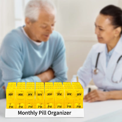 Monthly Pill Organizer 2 Times a Day, One Month Pill Box AM PM, 30 Day Pill Case Small Compartments to Hold Vitamin and Travel Medicine Organizer, 31 Day Pill Organizer, 4 Week Pill Cases (Yellow)