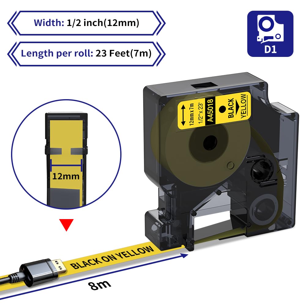 COLORWING Compatible DYMO D1 Label Tape Black on Yellow 45018 S0720580 Replace for DYMO Label Maker Refill D1, 1/2 Inch x 23 Ft, for Dymo LabelManager 160 420P 210D 280 360D PnP, 3-Pack