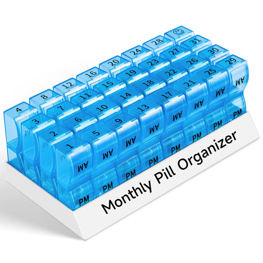 Monthly Pill Organizer 2 Times a Day, 30 Day Pill Box Organizer, One Month AM PM Pill Case Small Compartments to Hold Vitamin and 31 Day Travel Medicine Organizer, 4 Week Pill Cases (Blue)