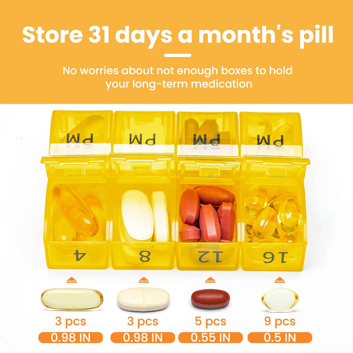 Monthly Pill Organizer 2 Times a Day, One Month Pill Box AM PM, 30 Day Pill Case Small Compartments to Hold Vitamin and Travel Medicine Organizer, 31 Day Pill Organizer, 4 Week Pill Cases (Yellow)