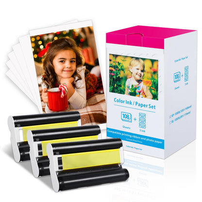 Compatible Canon Selphy CP1500 CP1300 Paper and Ink for Selphy Photo Printer CP1500 CP1300 CP1200 CP910 CP800 CP780 4x6 inch, KP-108IN 3X KP-36IP Photo Paper 108 Sheets and 3 Color Ink Cassette