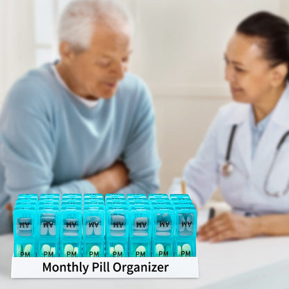 Monthly Pill Organizer 2 Times a Day, One Month Pill Box AM PM, 30 Day Pill Case Small Compartments to Hold Vitamin and Travel Medicine Organizer, 31 Day Pill Organizer, 4 Week Pill Cases(Cyan)