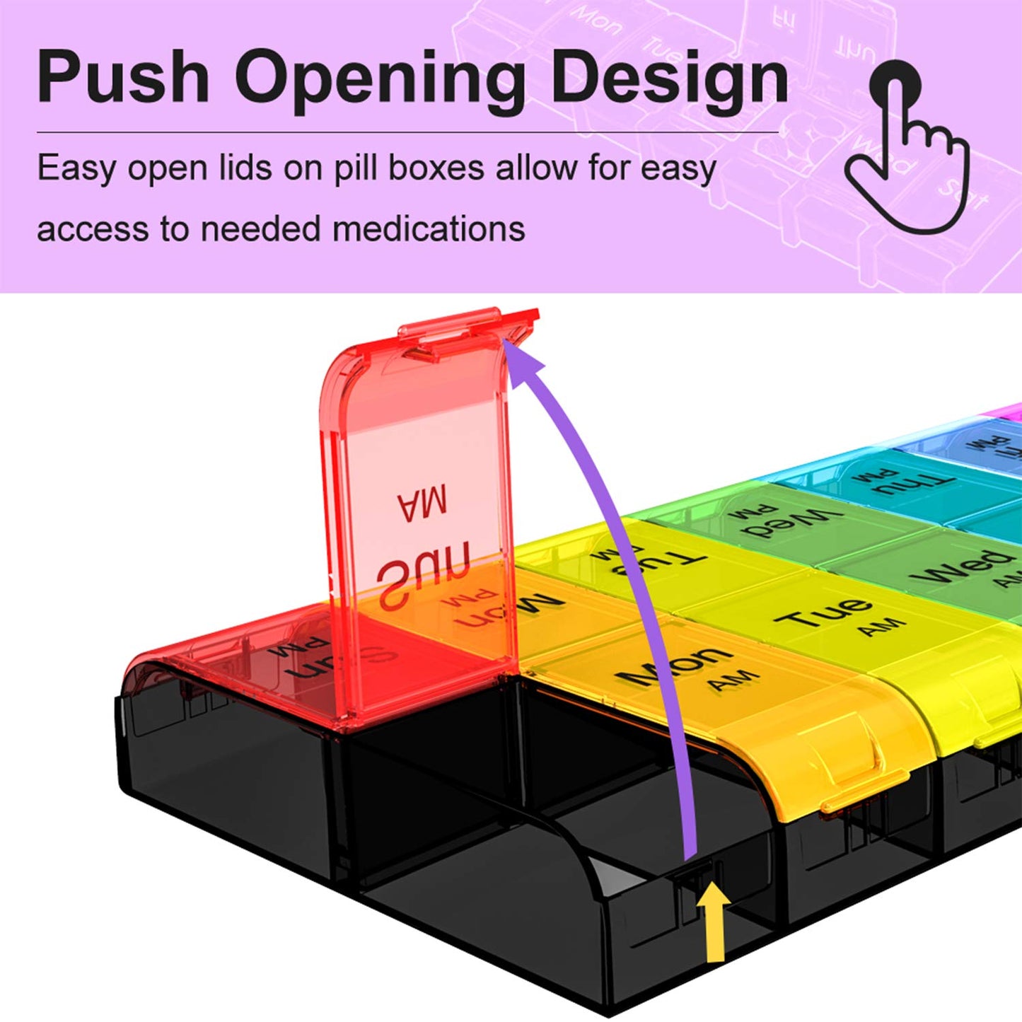 Extra Large Pill Organizer 2 Times a Day, Weekly XL AM PM Pill Case, 7 Day Pill Box Twice a Day, Oversized Daily Medicine Organizer for Vitamins, Big Pill Container, Medication Dispenser(Black&Rainbow)