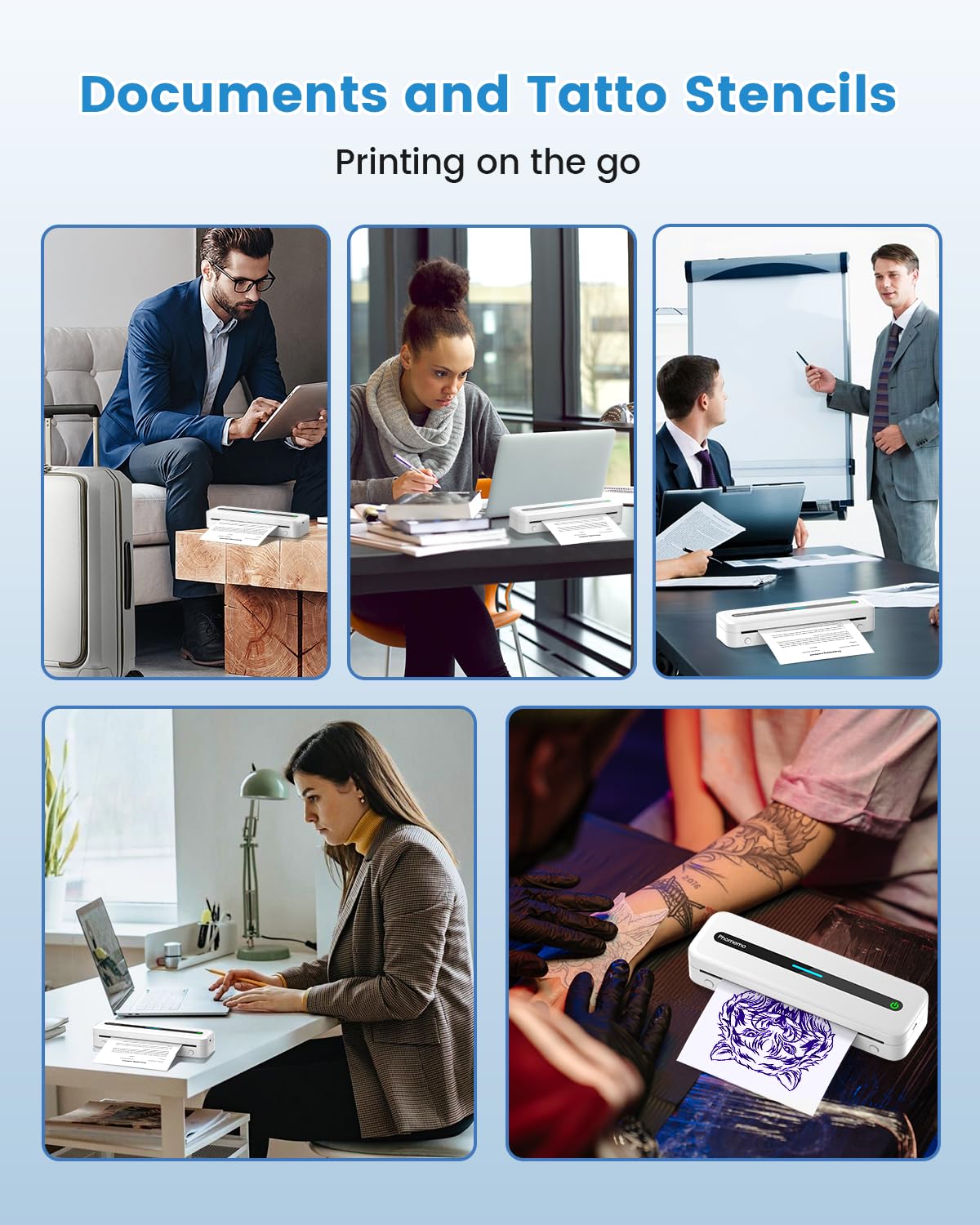 COLORWING Mobiele printer, M832 thermische printer voor A4-thermisch papier, bluetooth-printer, klein, compact, voor iPhone en Android, draagbare printer, thermische printer, inktloze printer, wit