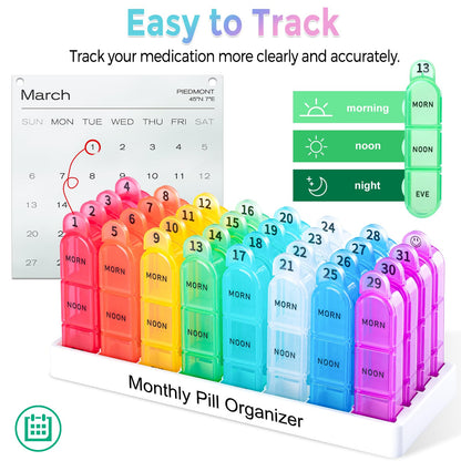 Colorwing Monthly Pill Organizer 3 Times a Day, 30 Day Medicine Organizer Dispenser with 32 Compartments, One Month Pill Box Case for Daily 31 Day Pill Container to Hold Vitamins, Supplements