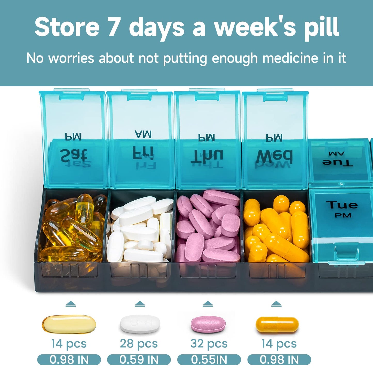 7 Day Extra Large Pill Organizer 2 Times a Day, Weekly Pill Box Twice a Day, XL AM PM Pill Case, Oversized Daily Medicine Organizer for Vitamin, Big Pill Container (Cyan)