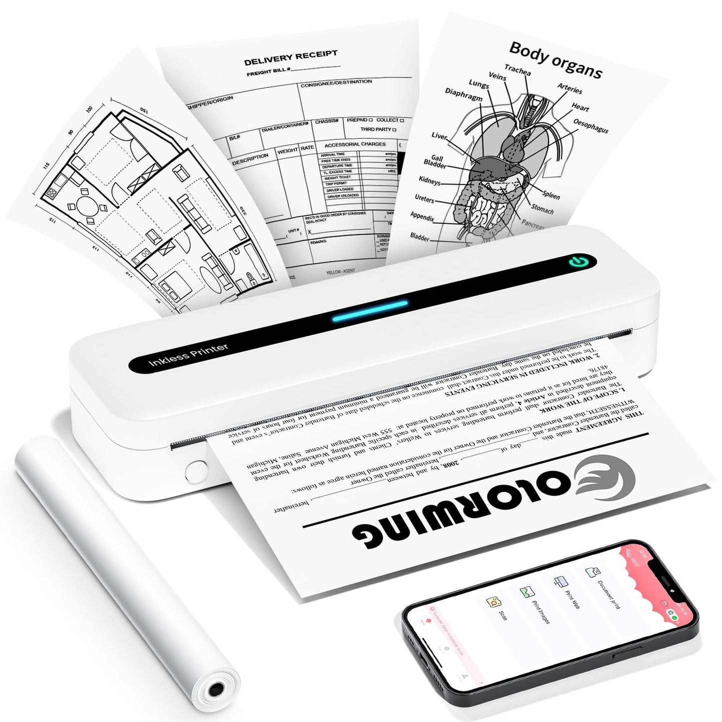 COLORWING Stampante Portatile - M832 Stampante Termica Portatile A4, Stampante Bluetooth, Stampante Senza inchiostro per Smartphone, Stampante Piccola