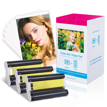 Compatible Canon Selphy CP1500 Paper and Ink for Selphy Photo Printer CP1500 CP1300 CP1200 CP910 CP800 CP780 4x6 inch 10x15cm, KP-108IN 3xKP-36IP Photo Paper 108 Sheets and 3 Colour Ink Cassette