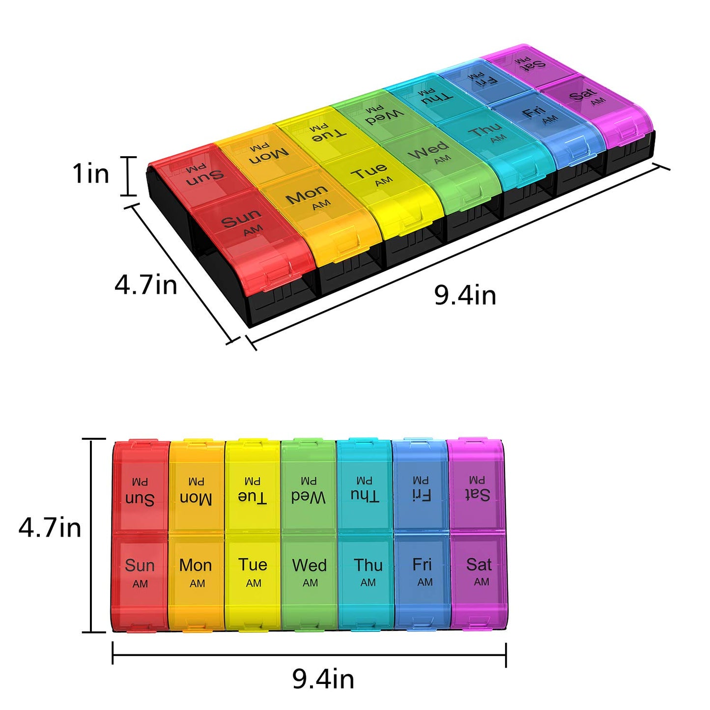 Extra Large Pill Organizer 2 Times a Day, Weekly XL AM PM Pill Case, 7 Day Pill Box Twice a Day, Oversized Daily Medicine Organizer for Vitamins, Big Pill Container, Medication Dispenser(Black&Rainbow)