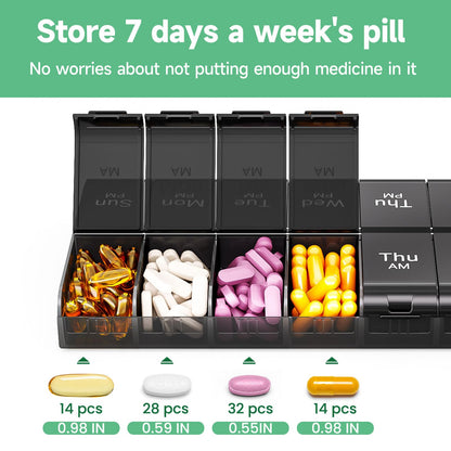 7 Day Extra Large Pill Organizer 2 Times a Day, Weekly Pill Box Twice a Day, XL AM PM Pill Case, Oversized Daily Medicine Organizer for Vitamin, Big Pill Container (Black)