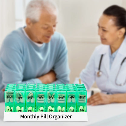 Monthly Pill Organizer 2 Times a Day, One Month Pill Box AM PM, 30 Day Pill Case Small Compartments to Hold Vitamin and Travel Medicine Organizer, 31 Day Pill Organizer, 4 Week Pill Cases (Green)