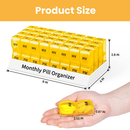 Monthly Pill Organizer 2 Times a Day, One Month Pill Box AM PM, 30 Day Pill Case Small Compartments to Hold Vitamin and Travel Medicine Organizer, 31 Day Pill Organizer, 4 Week Pill Cases (Yellow)