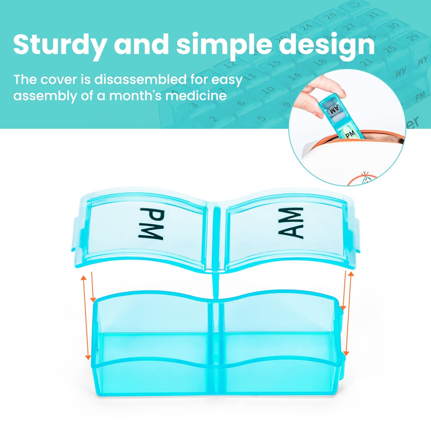 Monthly Pill Organizer 2 Times a Day, One Month Pill Box AM PM, 30 Day Pill Case Small Compartments to Hold Vitamin and Travel Medicine Organizer, 31 Day Pill Organizer, 4 Week Pill Cases(Cyan)