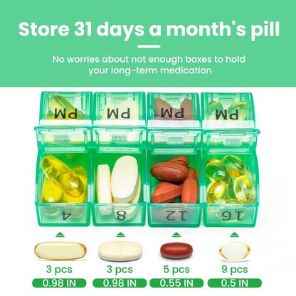 Monthly Pill Organizer 2 Times a Day, One Month Pill Box AM PM, 30 Day Pill Case Small Compartments to Hold Vitamin and Travel Medicine Organizer, 31 Day Pill Organizer, 4 Week Pill Cases (Green)