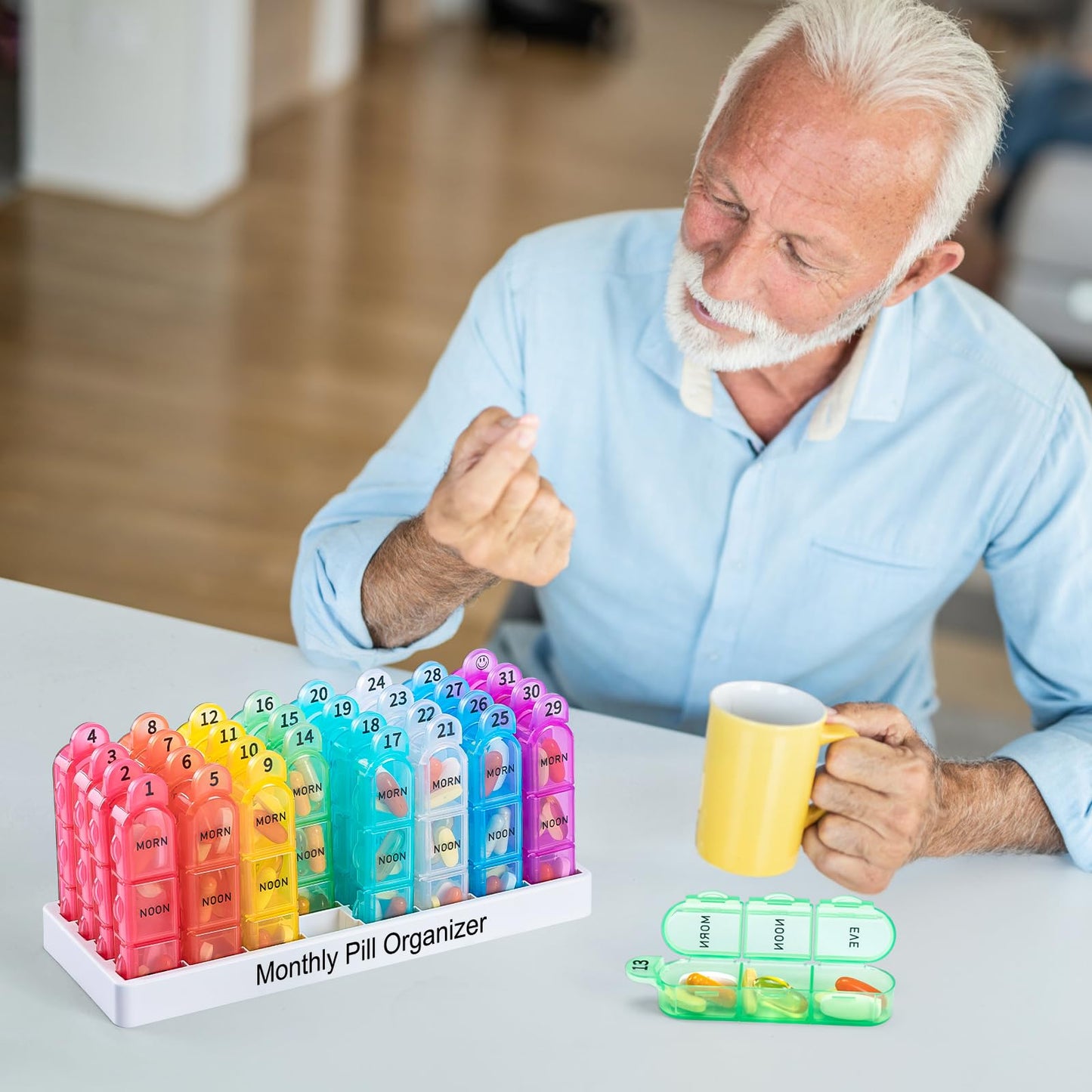 Colorwing Monthly Pill Organizer 3 Times a Day, 30 Day Medicine Organizer Dispenser with 32 Compartments, One Month Pill Box Case for Daily 31 Day Pill Container to Hold Vitamins, Supplements