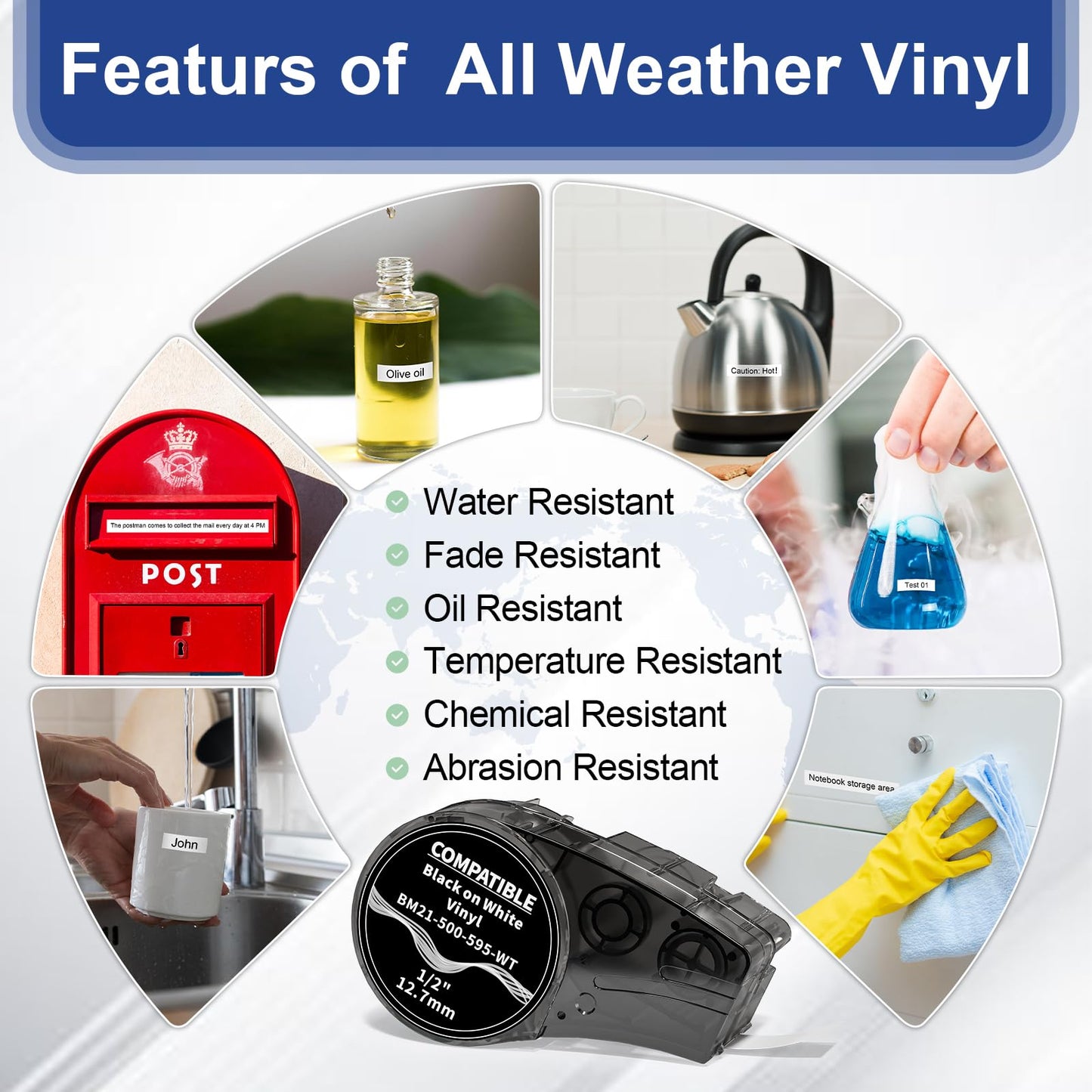 Compatible M21-500-595-WT All-Weather Vinyl Label 1/2Inch Black on White, for BMP21-PLUS, BMP21-LAB, M210, M210LAB, M211 Label Maker, for Indoor/Outdoor Labeling, Permanent Adhesion, 3-Pack