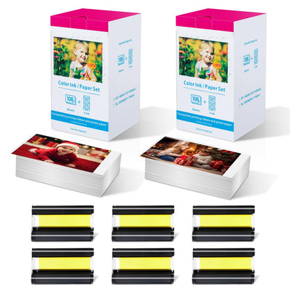 2 x Compatible Canon Selphy CP1300 Paper and Ink for Selphy Photo Printer CP1500 CP1300 CP1200 CP910 CP800 CP780, 4x6 inch KP-108IN 6X KP-36IP Photo Paper 216 Sheets and 6 Color Ink Cassette