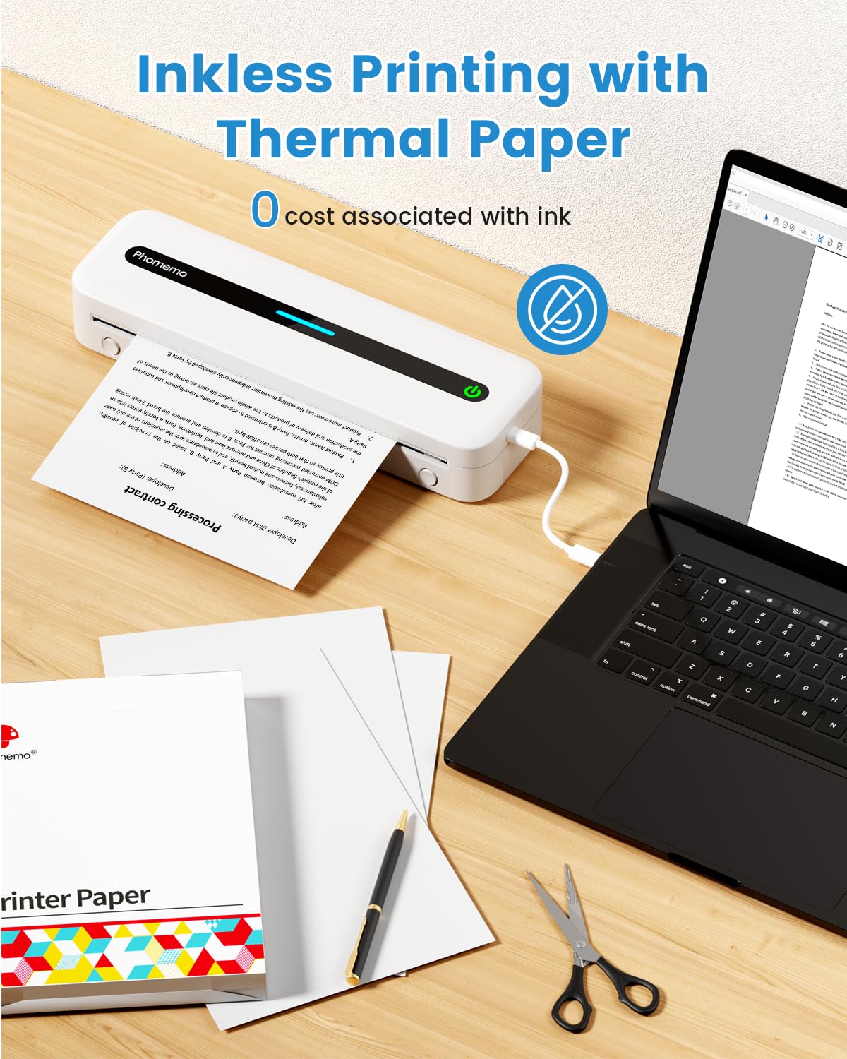 COLORWING Mobiler Drucker, M832 Thermodrucker für A4 Thermopapier, Bluetooth Drucker Klein Kompakt für iPhone und Android, Portable Printer, Thermal Printer, Inkless Printer - Weiß