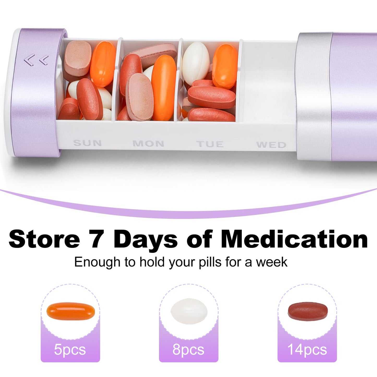 COLORWING Travel Weekly Pill Organizer, Colorwing Stylish Pretty Pill Box 7 Day, Cute Daily Pill Case Holder to Medication, Supplements, Tablets, Great for Office, Trip, Gym (Purple)