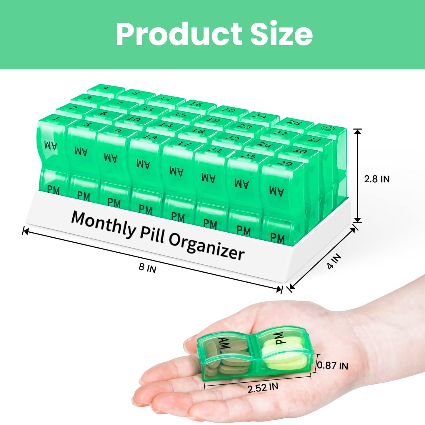 Monthly Pill Organizer 2 Times a Day, One Month Pill Box AM PM, 30 Day Pill Case Small Compartments to Hold Vitamin and Travel Medicine Organizer, 31 Day Pill Organizer, 4 Week Pill Cases (Green)