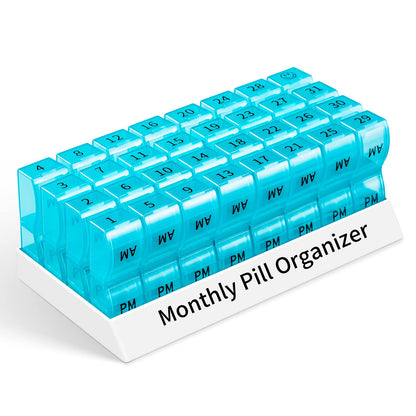 Monthly Pill Organizer 2 Times a Day, One Month Pill Box AM PM, 30 Day Pill Case Small Compartments to Hold Vitamin and Travel Medicine Organizer, 31 Day Pill Organizer, 4 Week Pill Cases(Cyan)