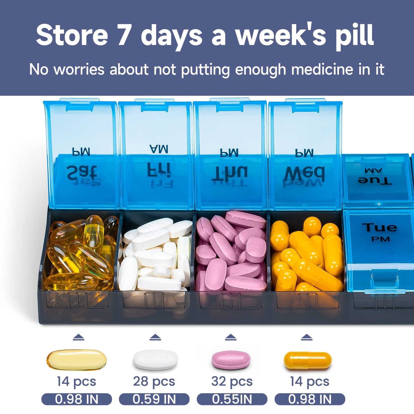 Extra Large Pill Organizer 2 Times a Day, Weekly XL AM PM Pill Case, 7 Day Pill Box Twice a Day, Oversized Daily Medicine Organizer for Vitamins (Blue)